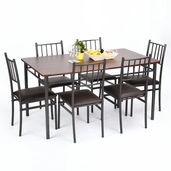 7 Parça Yemek Takımı 1 Ahşap Metal Masa ve 6 Sandalye Mutfak Kahvaltı Mobilyası Ceviz [US-W]