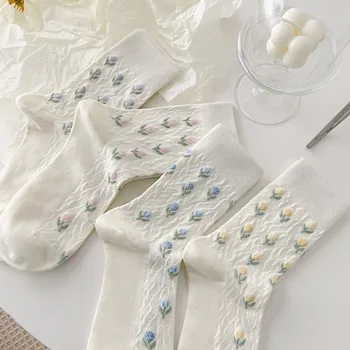 Lale Çiçek Beyaz Kadın Çorap Harajuku Retro Vintage Pamuklu Çorap Kızlar İçin Japon Kawaii Sevimli Uzun Çorap