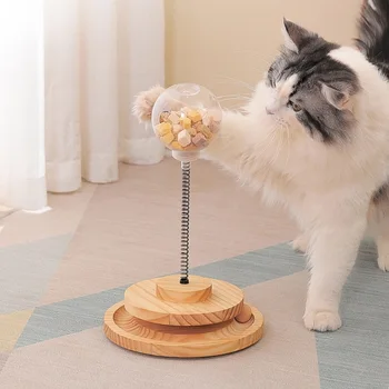 Otomatik evcil hayvan besleyici Kedi Bahar Tumbler Gıda Sızıntı Dağıtıcı 2-in-1 Köpek kedi maması Kase Ahşap Dönen Top Oyuncaklar Kedi Oyuncak