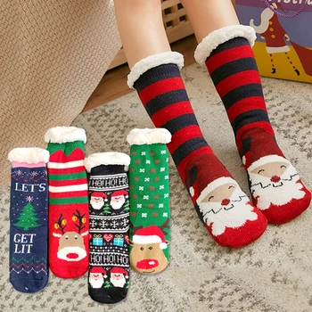Yeni Moda Noel Baskı Kat Çorap Kadın Kış Kalın Peluş Pamuk Çorap Sıcak kaymaz Yeni Yıl Hediye Karikatür Halı Çorap