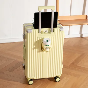 Çok fonksiyonlu Alüminyum Çerçeve Bagaj USB Bardak Tutucu tekerlekli çanta Kadın 20 inç Yatılı Bavul
